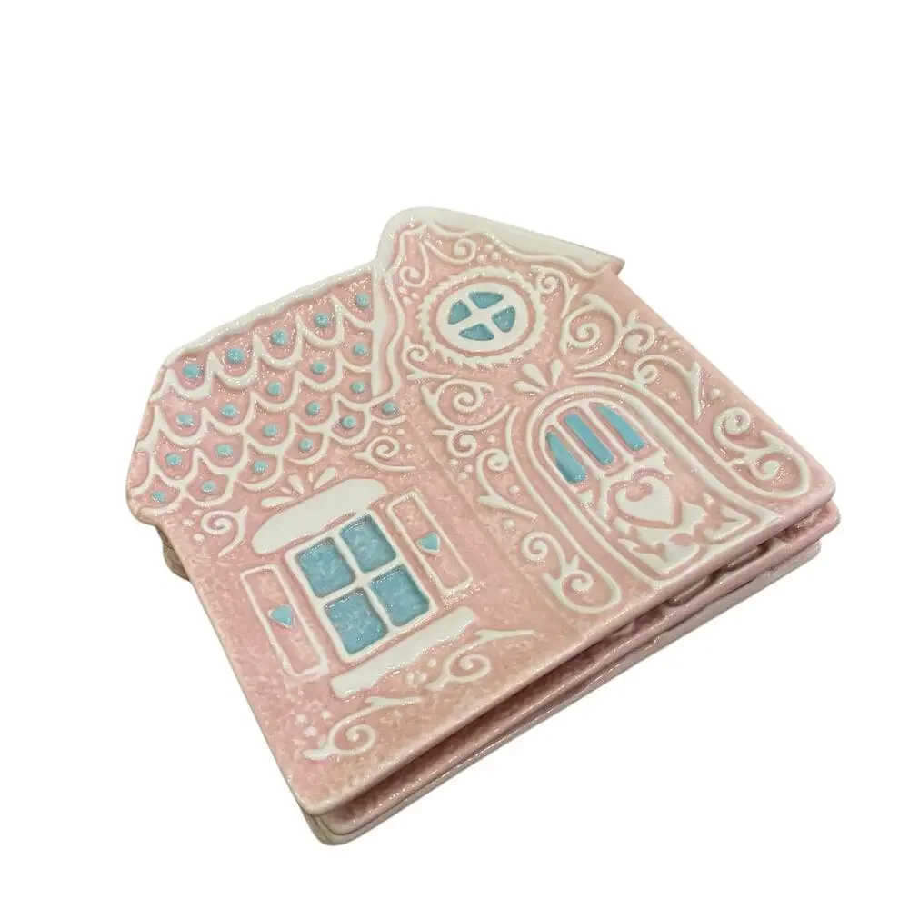 Godinger Pastel Pink Gingerbread House 6in Ceramic Appetizer Plates New
